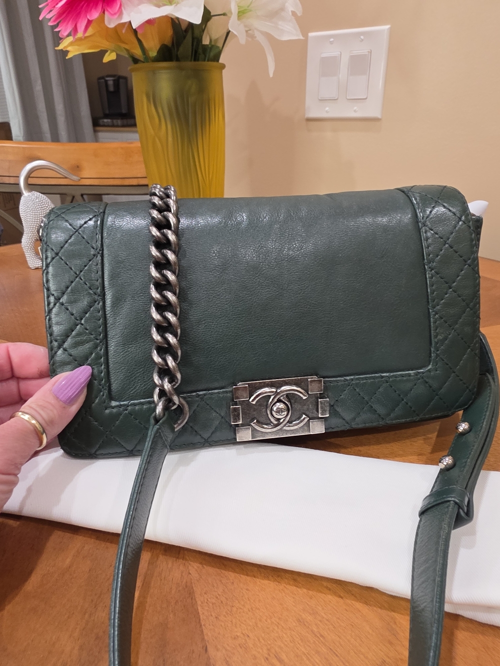 Chanel Boy Rare Green Quilted Lambskin Chain Shoulder Bag